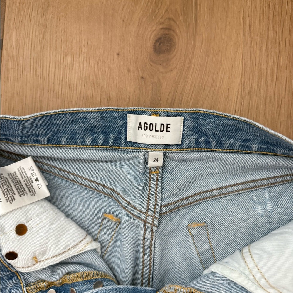 Agolde Size 24 Denim Blue High-Waisted Distressed Shorts - Picture 3 of 5